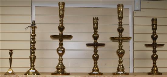 2 pairs of Thai brass candlesticks, a lamp etc